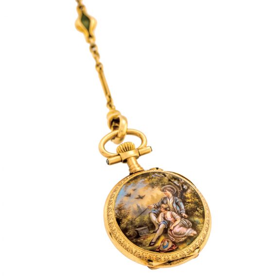 Swiss gold and enamel Louis XV-style lady's pendant watch Circa 1900 Swiss gold and enamel Louis XV-style lady's pendant watch Circa 1900