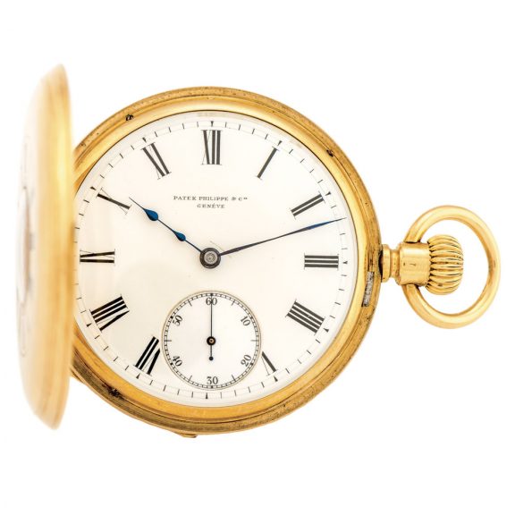 Swiss 18 carat yellow gold half hunting cased keyless pocket watch