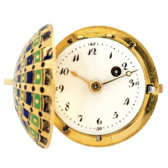Swiss gold and enamel scallop shell form pendant watch Circa 1800