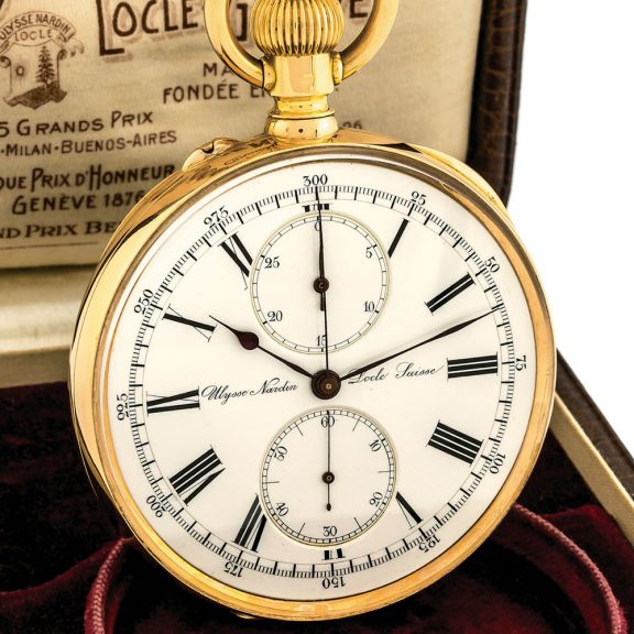Swiss gold chronograph with Guillaume balance and register Circa 1900