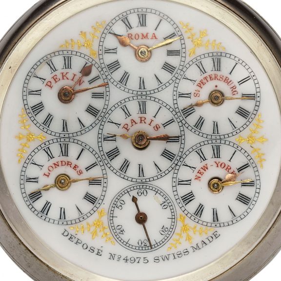Unusual Swiss silver pocket watch with six time zones Circa 1900 Unusual Swiss silver pocket watch with six time zones Circa 1900