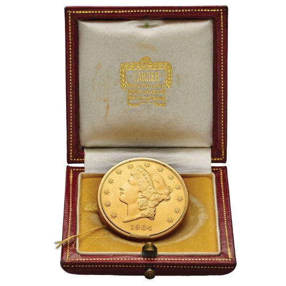 French gold watch set into 20 Dollar US coin dated 1904 Circa 1945 French gold watch set into 20 Dollar US coin dated 1904 Circa 1945