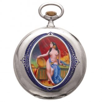 Swiss silver open faced with enamel erotic scene Circa 1920