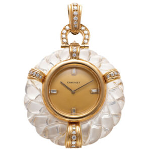 Swiss rock crystal, gold and diamond pendant watch Circa 1980