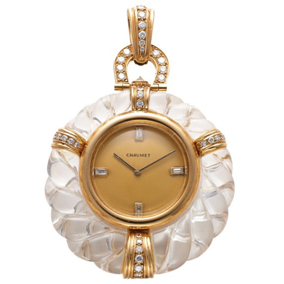Swiss rock crystal, gold and diamond pendant watch Circa 1980