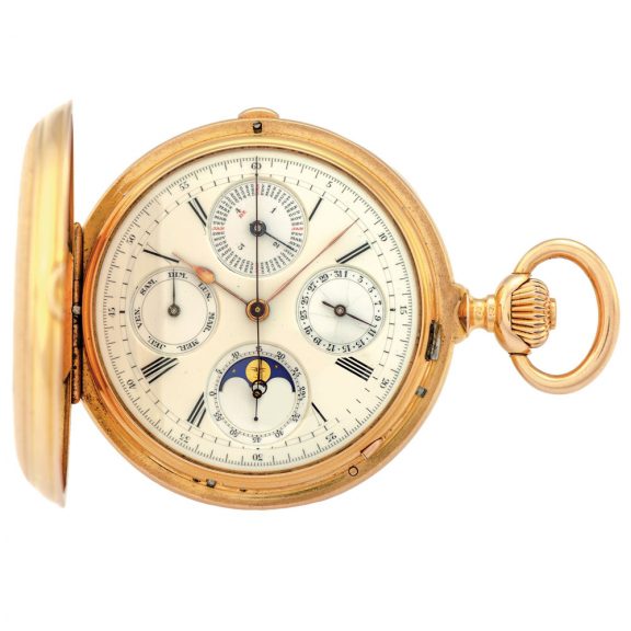 French gold lever with perpetual calendar and moon phases Circa 1890 French gold lever with perpetual calendar and moon phases Circa 1890
