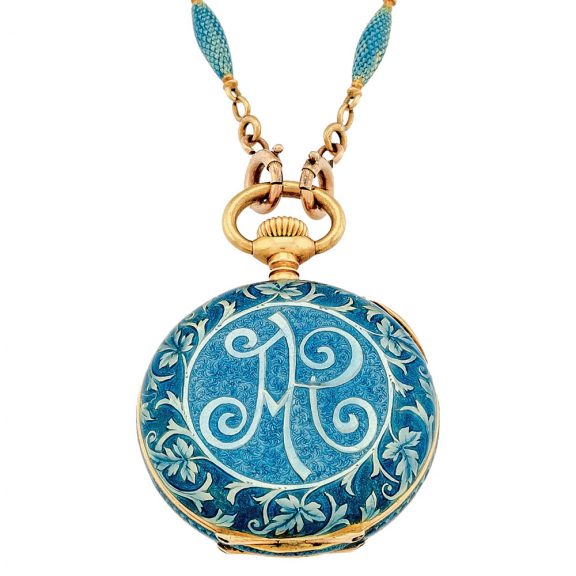 Elegant Swiss gold and enamel lady's pendant watch Circa 1908 Elegant Swiss gold and enamel lady's pendant watch Circa 1908