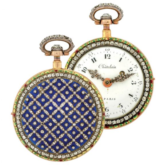 French gold, enamel and diamond set pocket watch Circa 1780 French gold, enamel and diamond set pocket watch Circa 1780