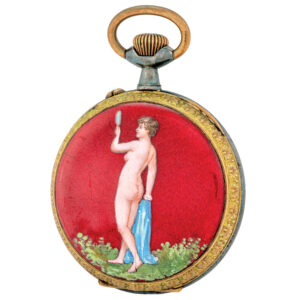 Swiss gilt and enamel watch with semi erotic scene Circa 1900