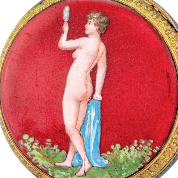 Swiss gilt and enamel watch with semi erotic scene Circa 1900 Swiss gilt and enamel watch with semi erotic scene Circa 1900