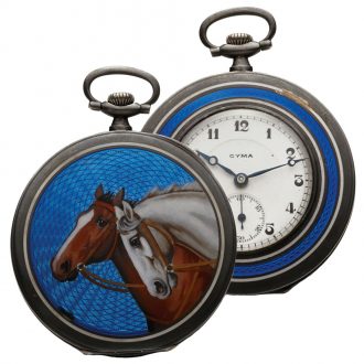 Swiss silver dress watch with enamel horse scene Circa 1925