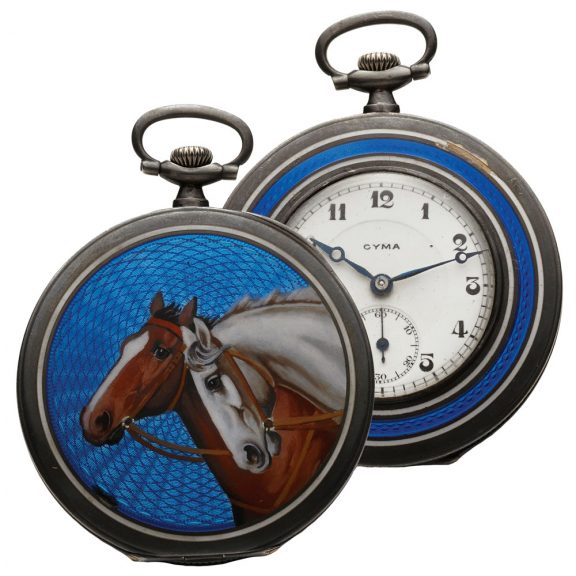 Swiss silver dress watch with enamel horse scene Circa 1925 Swiss silver dress watch with enamel horse scene Circa 1925