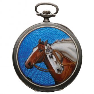 Swiss silver dress watch with enamel horse scene Circa 1925