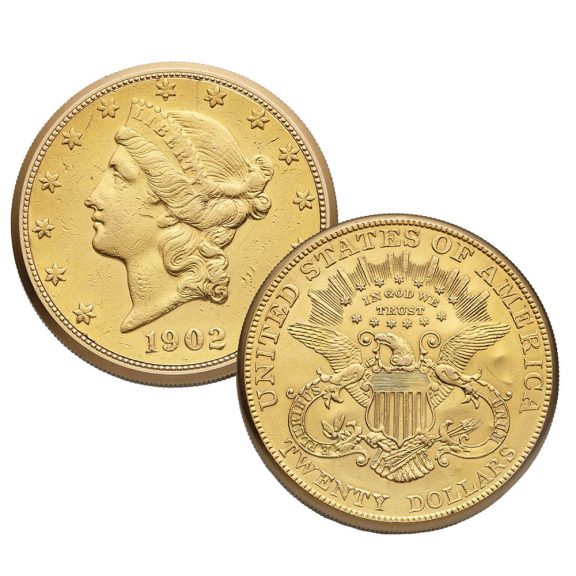 Swiss gold watch in US 20 Dollar gold coin dated 1902 Circa 1975 Swiss gold watch in US 20 Dollar gold coin dated 1902 Circa 1975