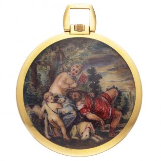 Swiss gold enamel watch with allegorical scene Circa 1970