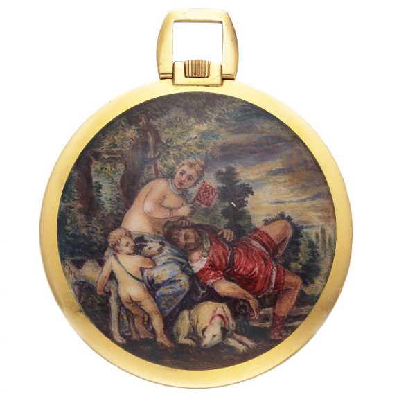 Swiss gold enamel watch with allegorical scene Circa 1970