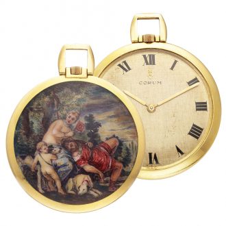 Swiss gold enamel watch with allegorical scene Circa 1970