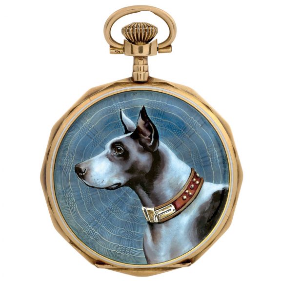 Swiss gold and enamel watch with portrait of hunting dog Circa 1920