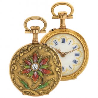 Swiss gold and enamel Art Nouveau lady's pendant watch Circa 1900 Swiss gold and enamel Art Nouveau lady's pendant watch Circa 1900