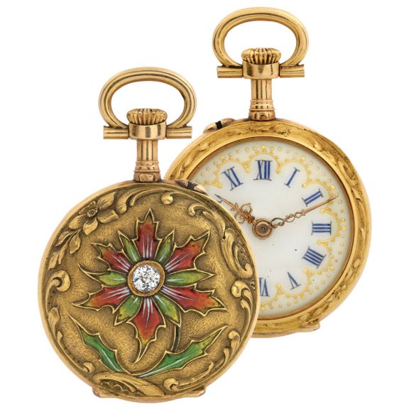 Swiss gold and enamel Art Nouveau lady's pendant watch Circa 1900 Swiss gold and enamel Art Nouveau lady's pendant watch Circa 1900