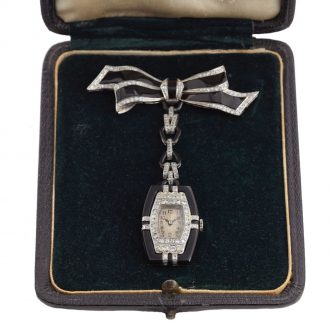 Swiss white gold Art deco tonneau shaped brooch watch Circa 1925