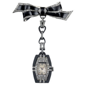Swiss white gold Art deco tonneau shaped brooch watch Circa 1925