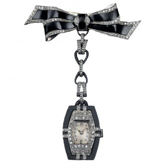 Swiss white gold Art deco tonneau shaped brooch watch Circa 1925