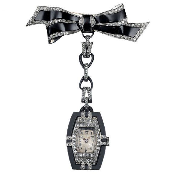 Swiss white gold Art deco tonneau shaped brooch watch Circa 1925