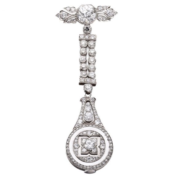 Fine Swiss platinum and diamond pendant brooch watch Circa 1910 Fine Swiss platinum and diamond pendant brooch watch Circa 1910