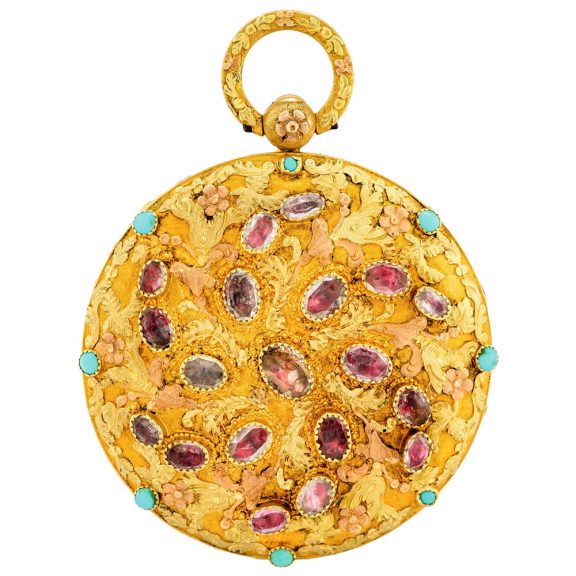 Swiss multicolour gold, turquoise and garnet pocket watch Circa 1825