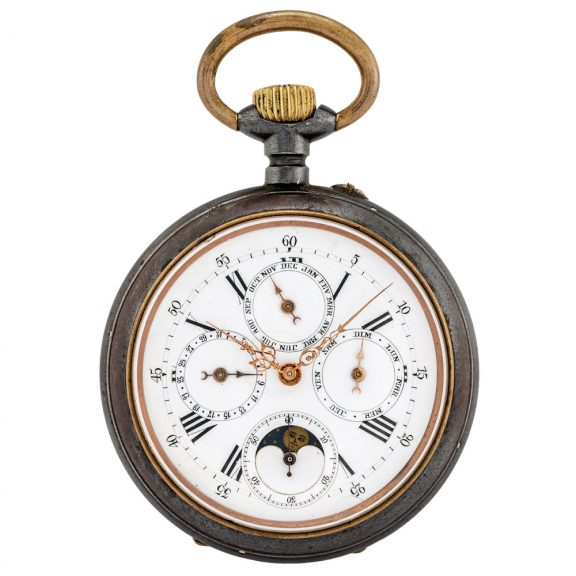 Swiss gunmetal pocket watch with moon phases Circa 1900
