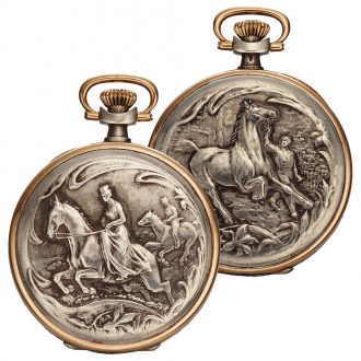 Swiss silver hunter with in relief Equestrian decoration Circa 1920