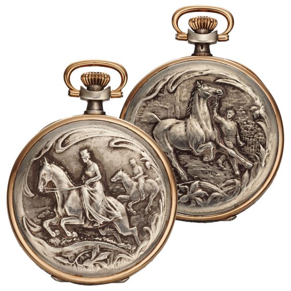 Swiss silver hunter with in relief Equestrian decoration Circa 1920
