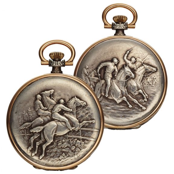 Swiss silver lever with in relief Equestrian decoration Circa 1930