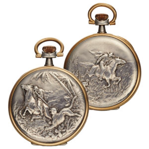 Swiss silver watch with in relief Equestrian decoration Circa 1920