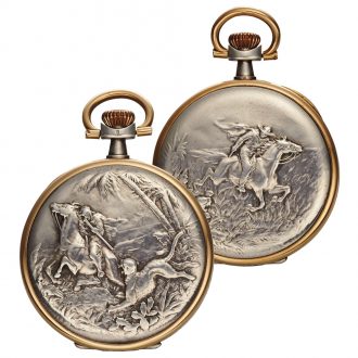 Swiss silver watch with in relief Equestrian decoration Circa 1920