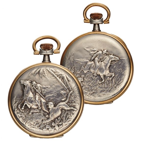 Swiss silver watch with in relief Equestrian decoration Circa 1920