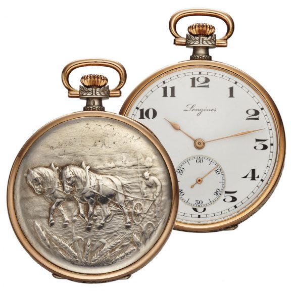 Swiss silver open faced with in relief farming decoration Circa 1930 Swiss silver open faced with in relief farming decoration Circa 1930