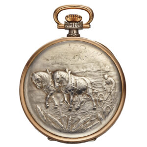 Swiss silver open faced with in relief farming decoration Circa 1930
