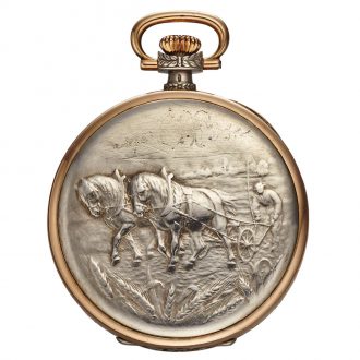 Swiss silver open faced with in relief farming decoration Circa 1930