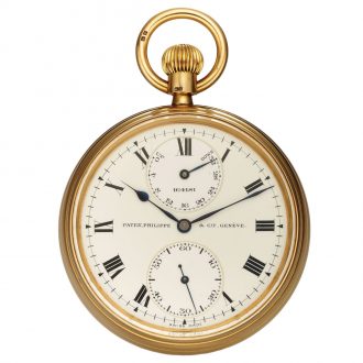 Swiss 18K gold keyless pocket watch with power reserve Circa 1912