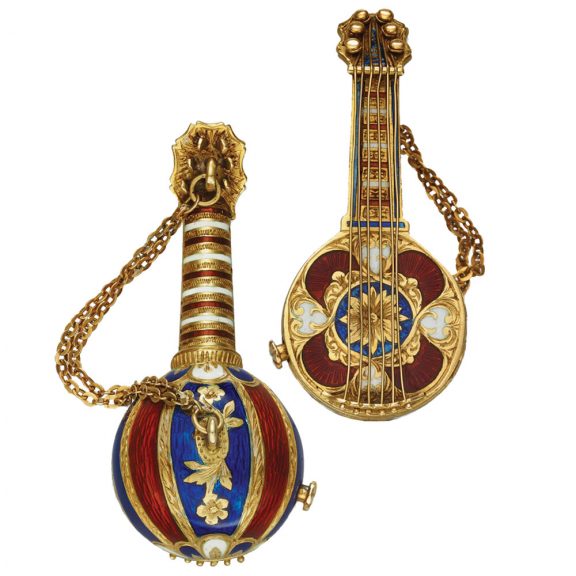Swiss 18 carat gold and enamel mandolin form watch Circa 1970 Swiss 18 carat gold and enamel mandolin form watch Circa 1970