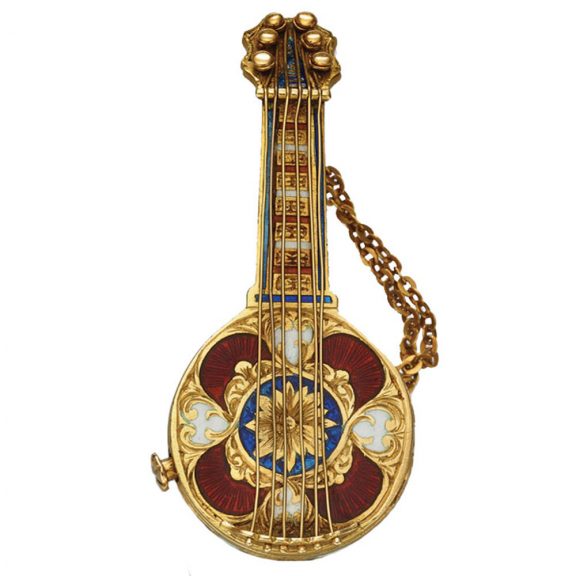 Swiss 18 carat gold and enamel mandolin form watch Circa 1970 Swiss 18 carat gold and enamel mandolin form watch Circa 1970