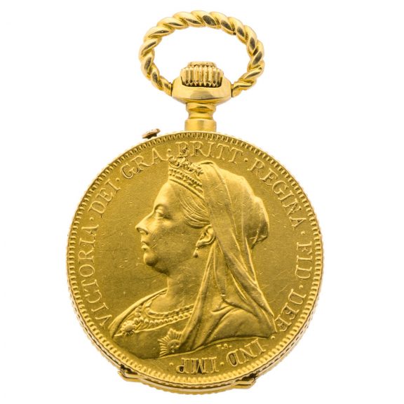 Swiss gold miniature within an English Victoria coin Circa 1910