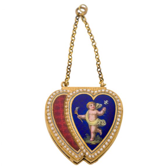 Swiss gold, pearls and enamel heart shaped form watch Circa 1820 Swiss gold, pearls and enamel heart shaped form watch Circa 1820