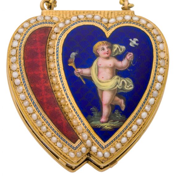 Swiss gold, pearls and enamel heart shaped form watch Circa 1820