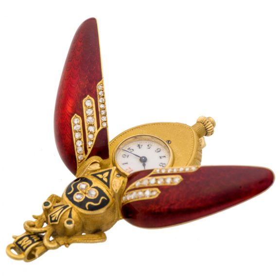 Swiss gold, enamel, diamond set beetle form watch Circa 1880