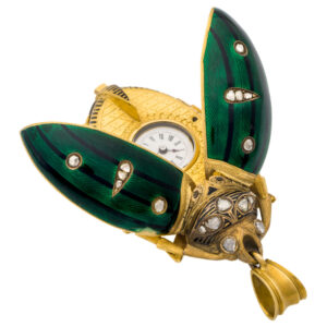 Swiss gold, enamel, diamond set scarab form watch Circa 1870