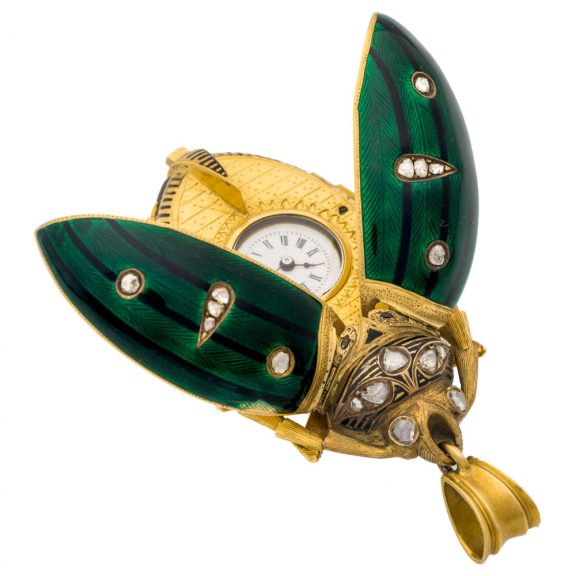 Swiss gold, enamel, diamond set scarab form watch Circa 1870