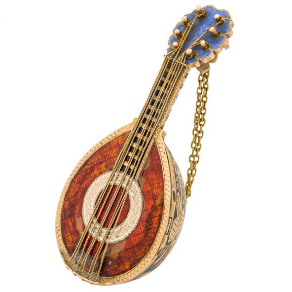 Swiss gold and enamel mandolin shaped form watch Circa 1820 Swiss gold and enamel mandolin shaped form watch Circa 1820